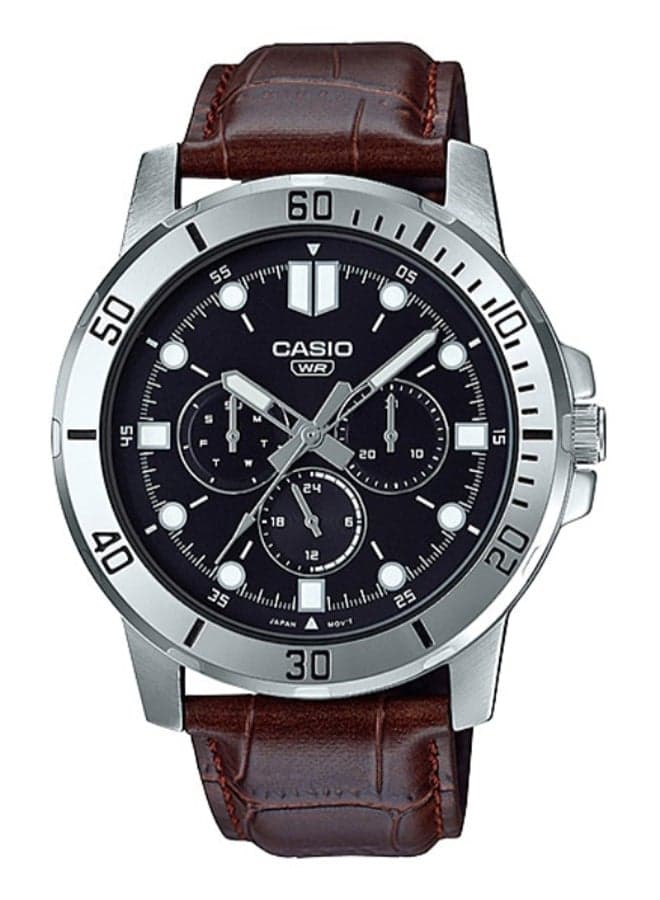 Men Leather Round Shape Analog Watch MTP-VD300L-1EUDF