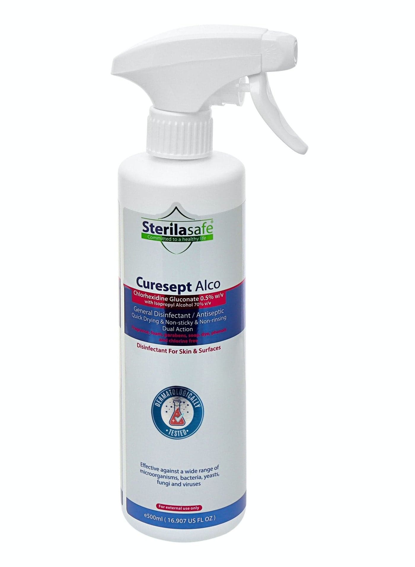 Sterilasafe CureSept Alco, General Antiseptic & Disinfectant, Chlorhexidine Gluconate 0.5% With 70% Alcoh, 500 ML