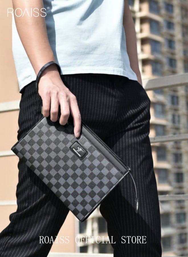 Large Capacity Men Clutch Bag Business Casual Wear Resistant Soft Fabric Multilayer Space Quality Inside PU Multiple Card Slots Waterproof Handbag Portable Plaid