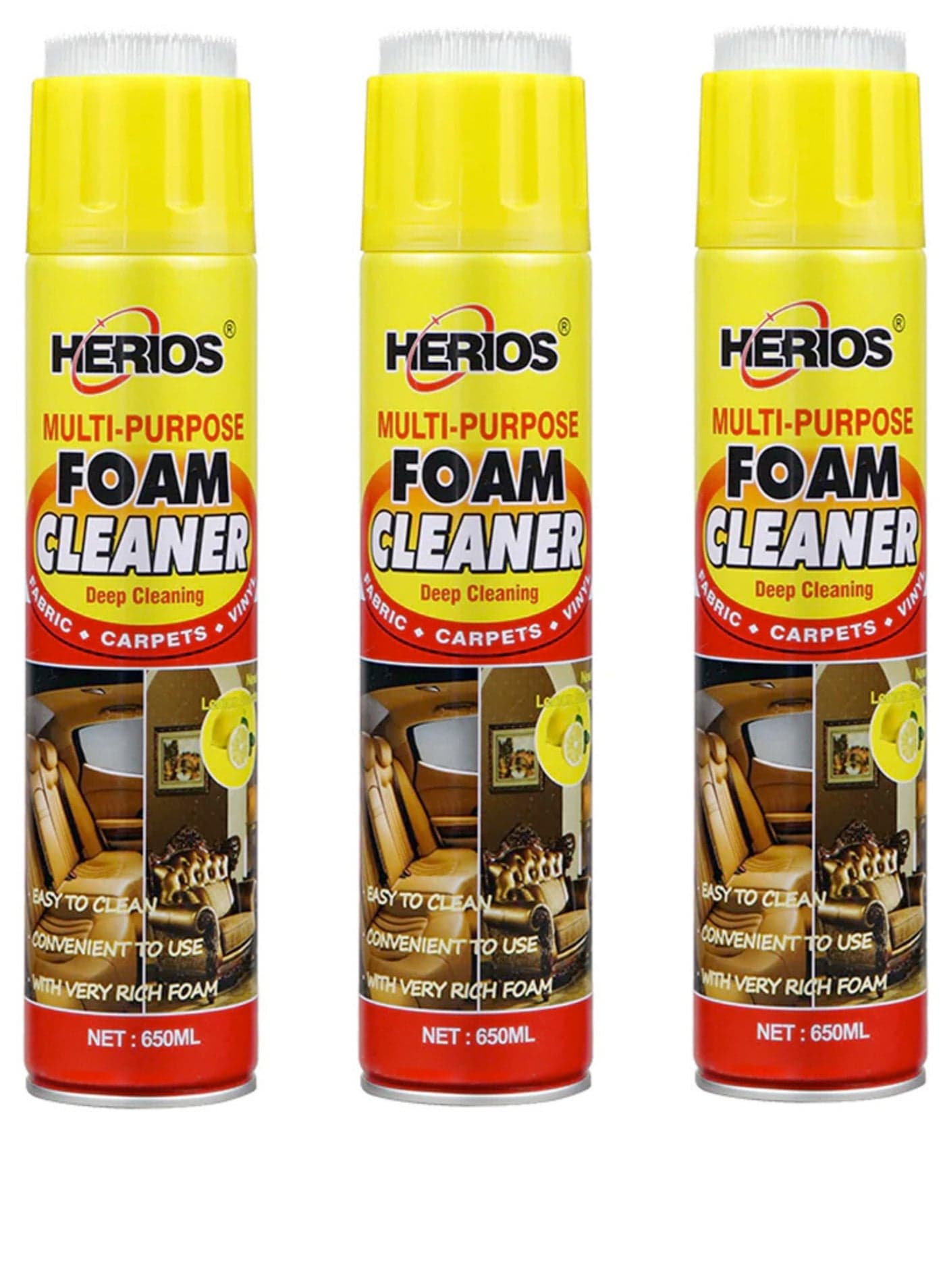 HERIOS Multi-Purpose Foam Cleaner for Fabric, Carpets and Vinyl, Deep Cleaning, 650ml, Pack of 3