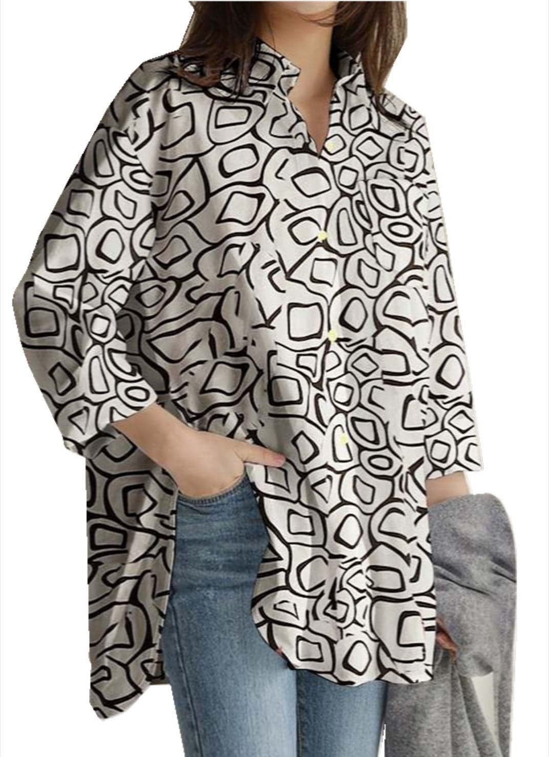 European and American Fashion Office Women's Printed Top 2024 Spring Long Sleeve Tunic Top Casual Loose Levers