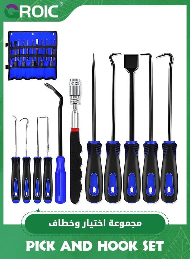 11 Pcs Automotive Hook and Pick Tool Set with Telescoping Magnetic Pickup Gasket Scraper Remover Pry,Automotive Electronics Maintenance Hoses Gasket Hand Pick Up Tools,Auto Repair Tools