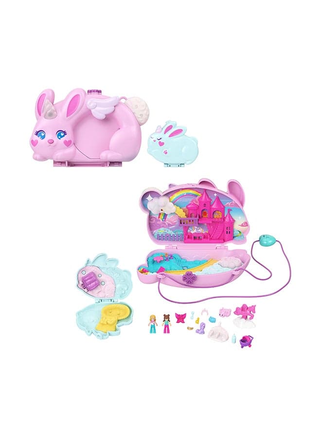 Wearable Travel Toy With 2 Micro Dolls And 12 Accessories Including Pets, 2-In-1 Bunny Fun Compact Purse Playset With Bunny Unicorn Theme