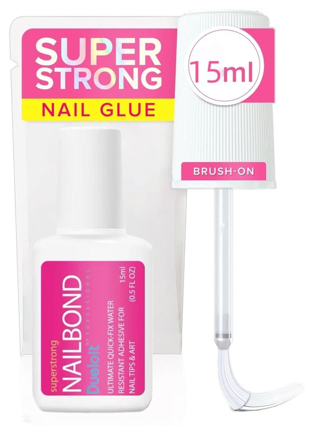 Super Strong False Nail Glue for Press On Nails, Nail Tips & Acrylic Fake Nails (15ml) Nail Bond Brush On Glue for Press Ons, Tips & Acrylics - Long Lasting, Maximum Strength, Mess-Free Application.