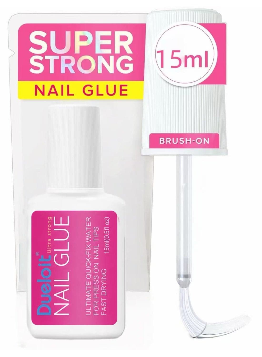 Super Strong False Nail Glue for Press On Nails, Nail Tips & Acrylic Fake Nails (15ml) Nail Bond Brush On Glue for Press Ons, Tips & Acrylics - Long Lasting, Maximum Strength, Mess-Free Application.