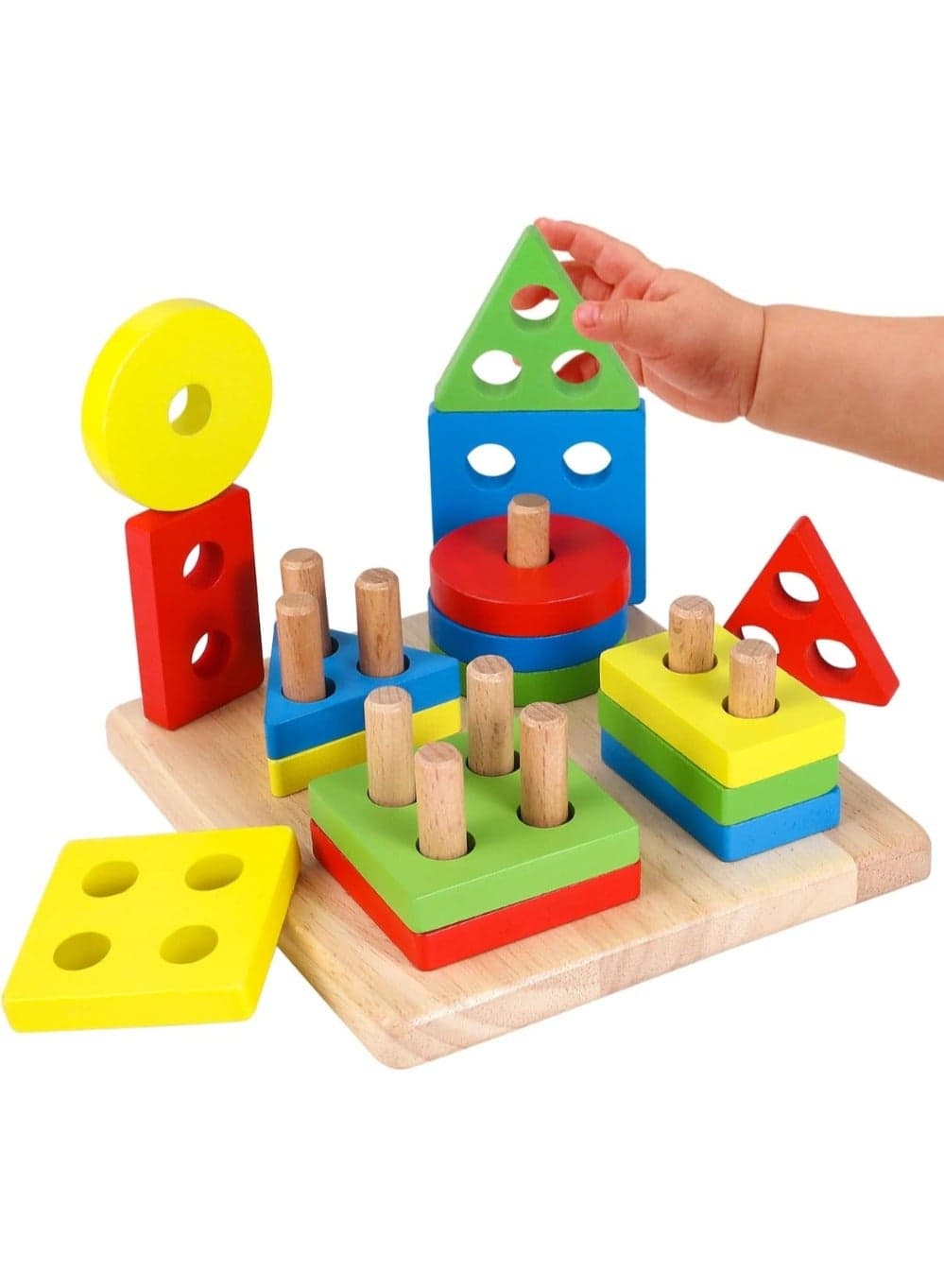 Wooden Sorting & Stacking Toys, Montessori Toys for 1 2 3 Years Old Toddlers, Shape Sorter Puzzles with16-Piece Large Geometric Blocks, Gift for 12+ Months Baby Boys Girls