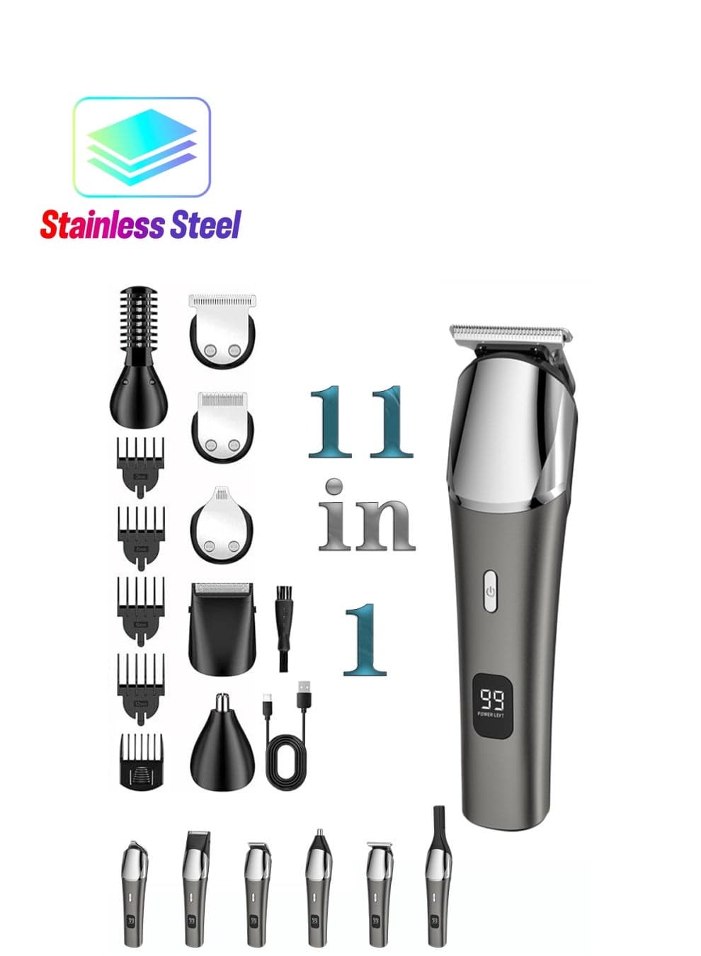 11 in 1 Hair Clipper Cordless Professional Hair Trimmers Beard Trimmer ,Multifunctional Mens Grooming Kit for Beard Face Nose and Ear Hair USB Rechargeable Electric Shaver for Men with Storage Base