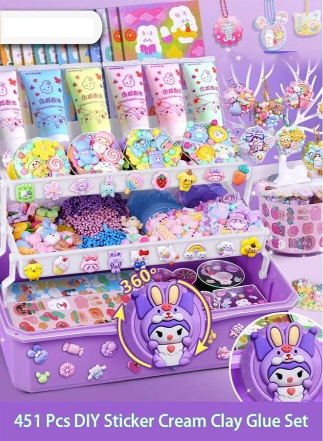 451 Pcs DIY Sticker Cream Clay Glue Set, Simulated DIY Making Art Craft Kit with Cartoon Stickers, Accessories, Key Chains with Storage Box for Gifting