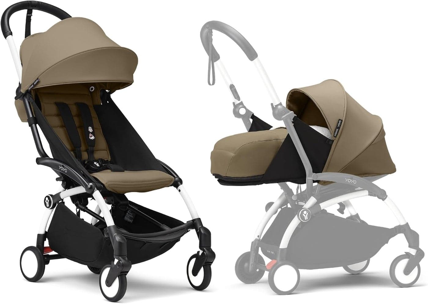 Stokke YOYO3 Complete Yoyo Stroller From Birth - Includes White Frame + YOYO 6+ Color Pack + 0+ Newborn Pack - Toffee