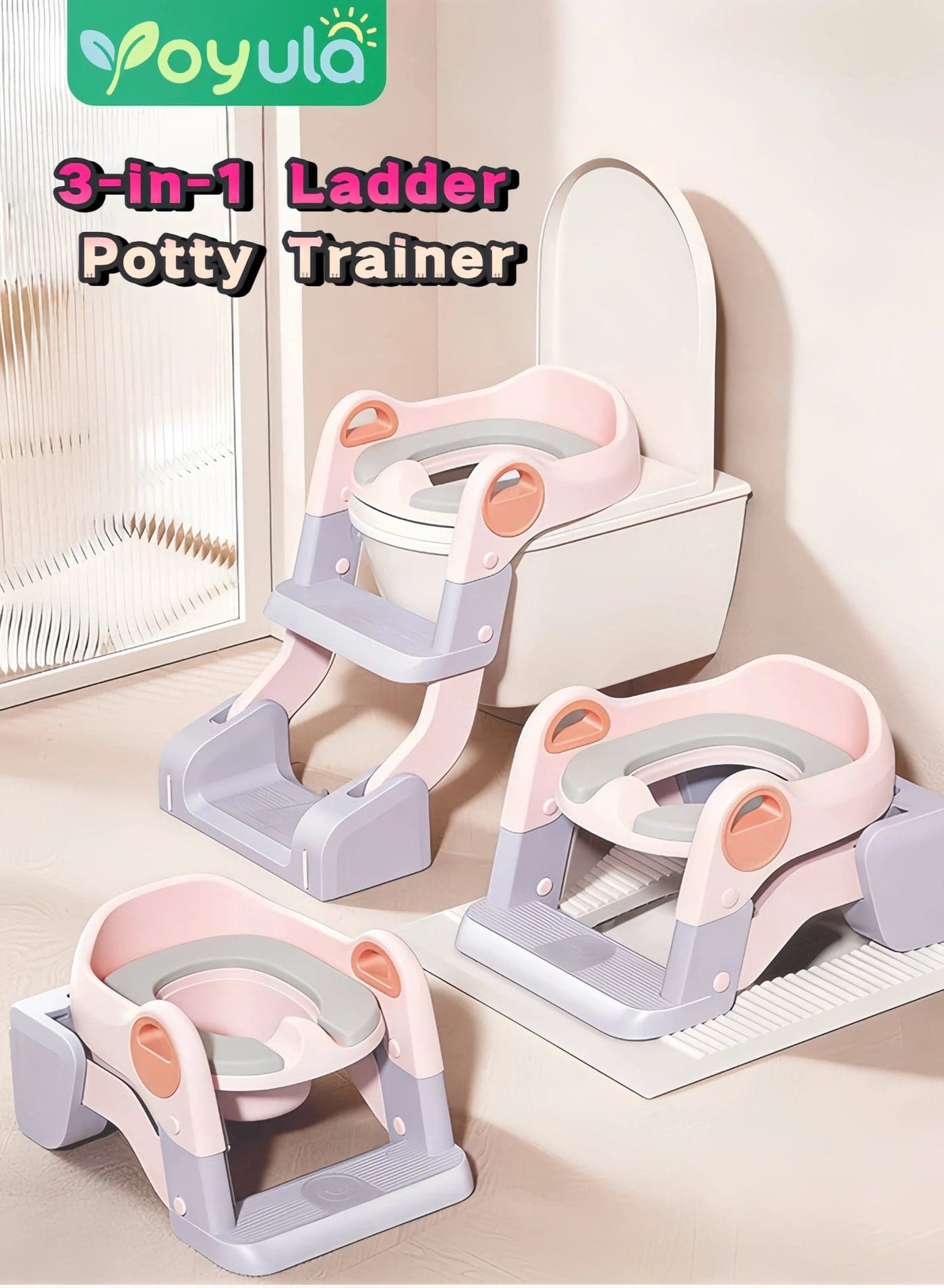 3-in-1 Kids Potty Training Seat with Ladder, 6-Level Height Adjustable, Anti-Splash & Anti-Slip Design, Removable Soft Cushion, Foldable Toddler Toilet Chair for 1-8 Years Boys Girls, Fits All Western Toilets