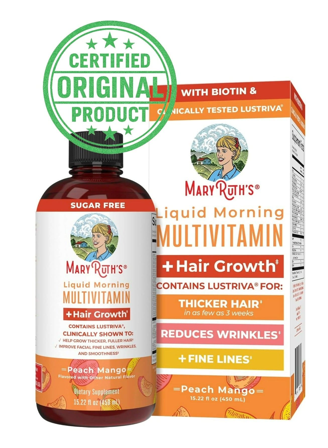 MaryRuth Organics Women’s Hair Growth Liquid Multivitamin 450ml | Peach Mango Flavor with Lustriva, Biotin 10000mcg, Vitamin D & B Complex | Clinically Tested Supplement for Thicker Hair, Skin & Nail Health | Ages 18+