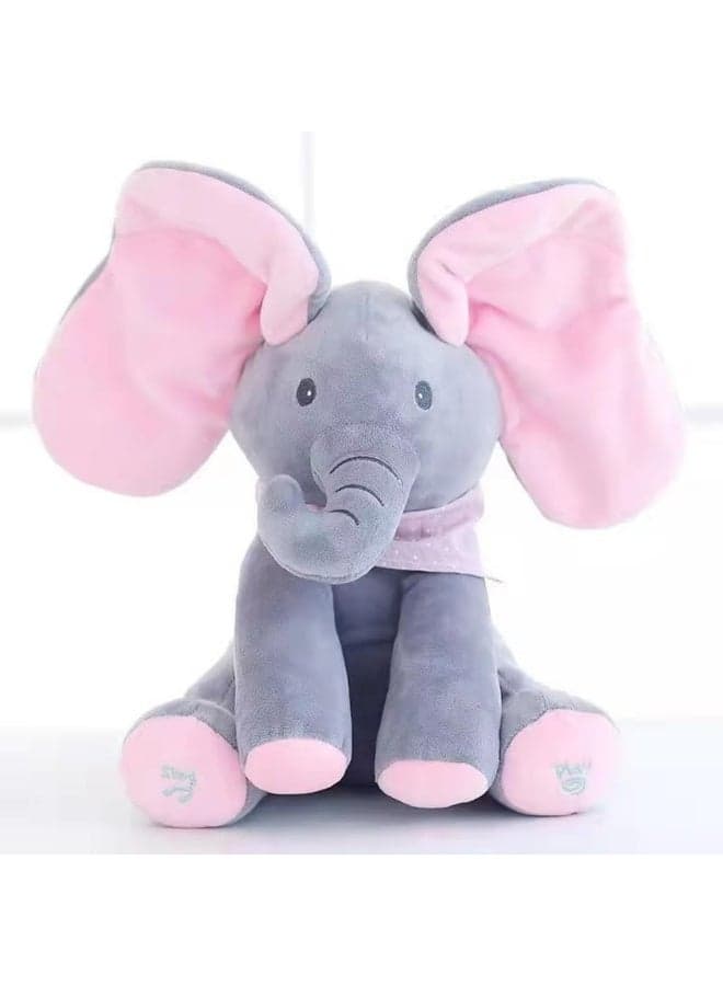 Kawaii Elephant Plush Toy Musical Stuffed Animal with Moving Ears Soothing Lights Nursery Rhymes Soft Pink Baby Sleep Aid Gift 30x30cm