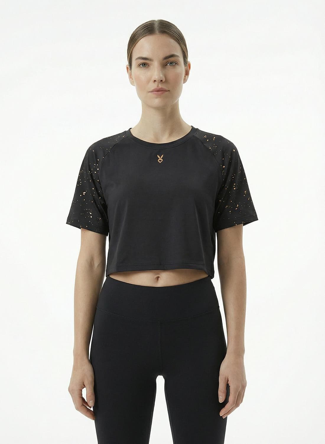 Women's Slim Fit Cropped Tee With Raglan Cap Sleeve And Gold Foil Print