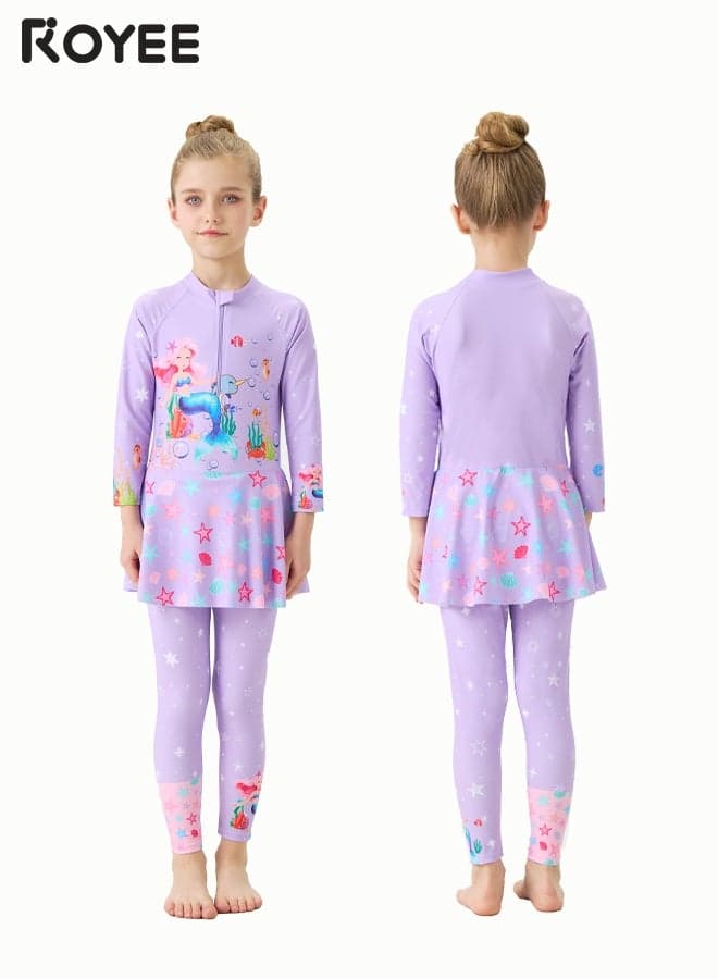 New Children's Swimsuit with Cap, One-piece Swimsuit With Long Pants, Long Sleeved For Middle-aged Girls,Swimwear With Sun Protection, Conservative Girls' Swimsuit
