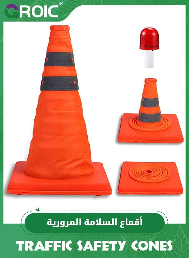 17.7 Inch Collapsible Traffic Safety Cones with Led Light, Orange Safety Cones, Multi Purpose Pop up Cones with Reflective Collar, for Road Parking, Extendable Road Parking Cones for Driving Practice