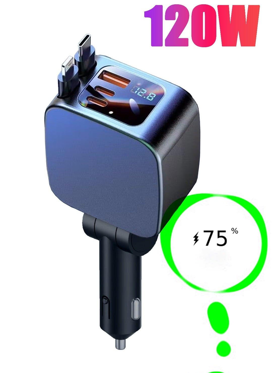 Retractable Car Charger for Cigarette Lighter, 120W Total Power Output Fast Charging Car Charger, 70cm Retractable Lightning and Type-C Cables, USB-A and USB-C Port, Over-heating Protection, Cool Lighting, for iPhone Android Tablets and Other Devices