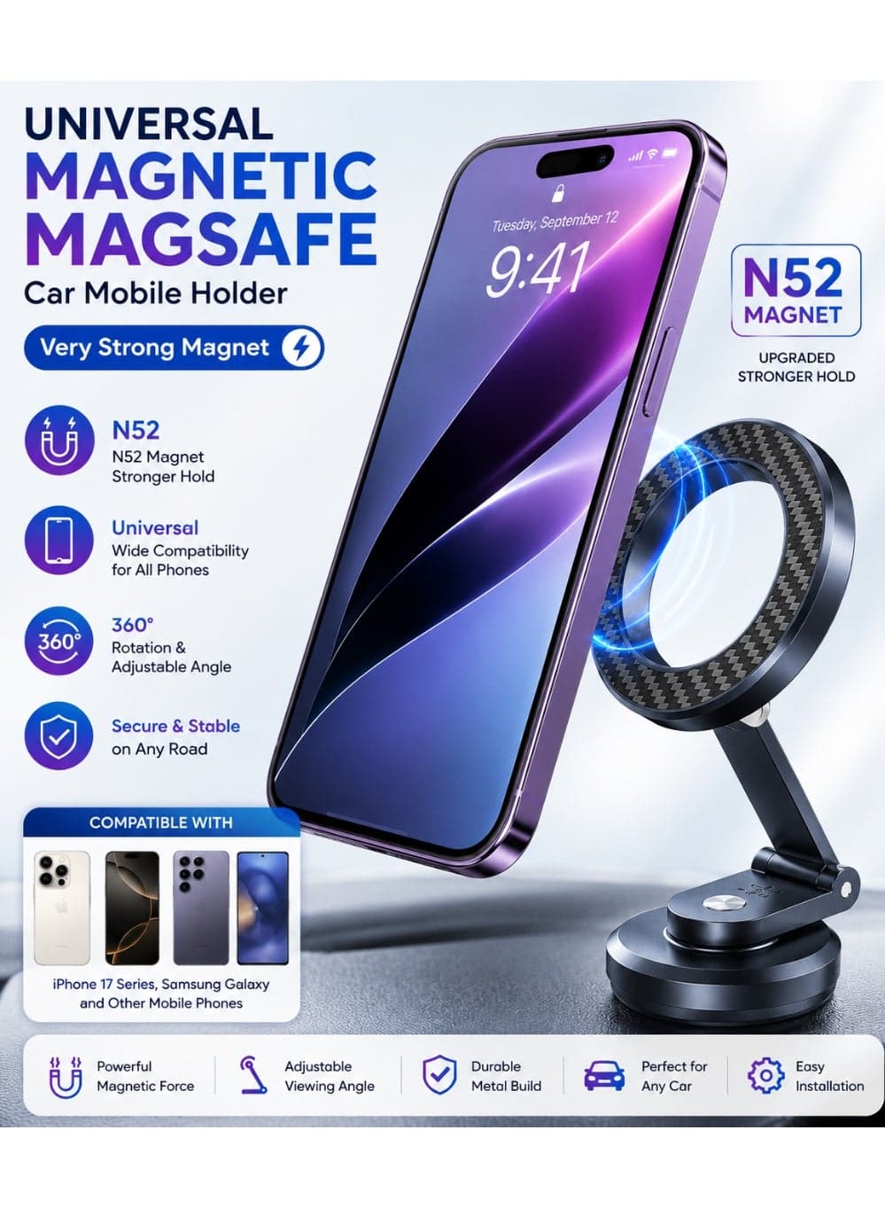 MagSafe Car Mount, Magnetic Phone Holder, Aluminum Alloy with Carbon Fiber Finish, 360° Rotating Dashboard Mount, Strong N52 Magnet, Universal Car Phone Holder, Adjustable Mount, Car Holder, Compatible with iPhone Air, 17/17 Pro, 17 Pro Max, 16/15/14/13, Samsung Galaxy S25/S24/S23, Pixel 9 Pro, OnePlus 13, Xiaomi 15 Ultra, Huawei Mate 60 Pro, Realme GT 6, Vivo X100 Pro