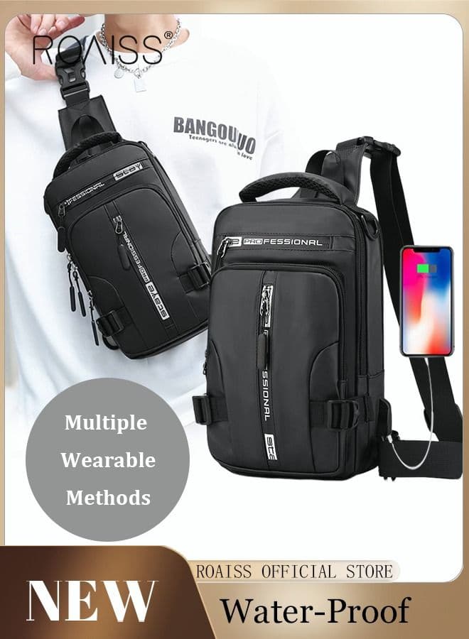 Men Crossbody Sling Bag Travel Chest Bags with USB Charging Port Waterproof Casual Daypack Outdoor Sling Bag Hiking Backpack for Men Outdoor Travel Business Casual Work Office Black Handbag