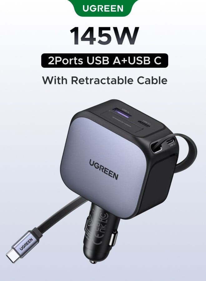 145W car charger type c Laptop Charger, 4-Device Fast Charging car charger with 70cm Retractable USB-C Cable + USB-C1 + USB-C2 + USB-A, 3C1A car charging adapter, Durable Reliable car charger adapter for MacBook Pro/Air, iPhone 17/16/15 Plus/Pro/Pro Max, iPad Pro/Air, Samsung GalaxyS26 S25 S24+/FE/Ultra, Huawei Mate/Pura,Dell,HP,Lenovo Laptop and More 145W