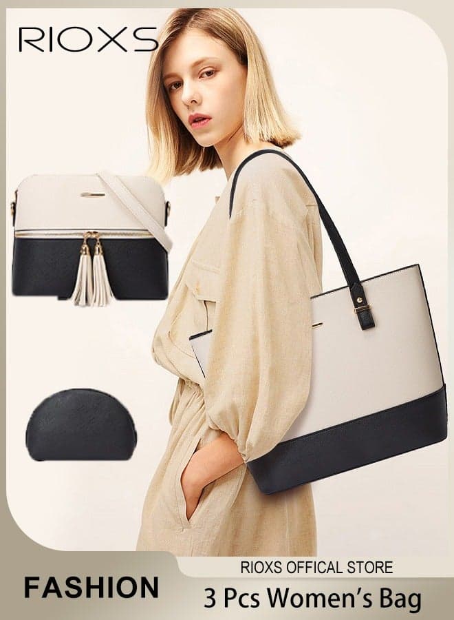 3 pcs Women Fashion Color Clash Bags Large Capacity Satchel Purses for Women Vintage Printing Shoulder Tote Bags and Handbags