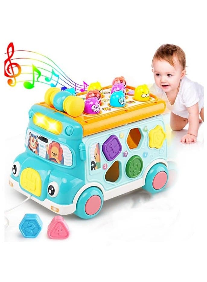 Music Activity Bus Baby Toy, Infant Education Learn Car, Sound and Light,Interactive Game,Shape Sorter,Animal Matching, Holiday Birthday Gift for Toddler Kid Boy Girl Blue