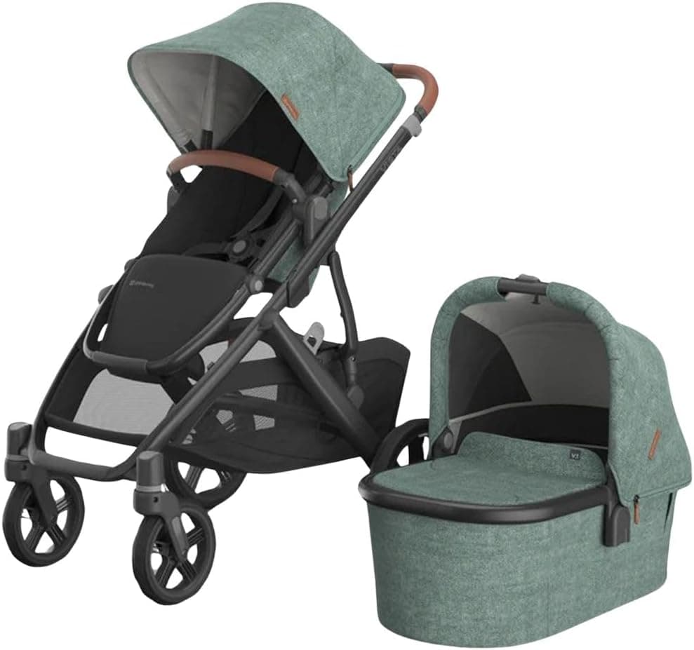 UPPAbaby Vista V3 Stroller with Bassinet - Convertible Single to Double Stroller in Gwen Green Mélange