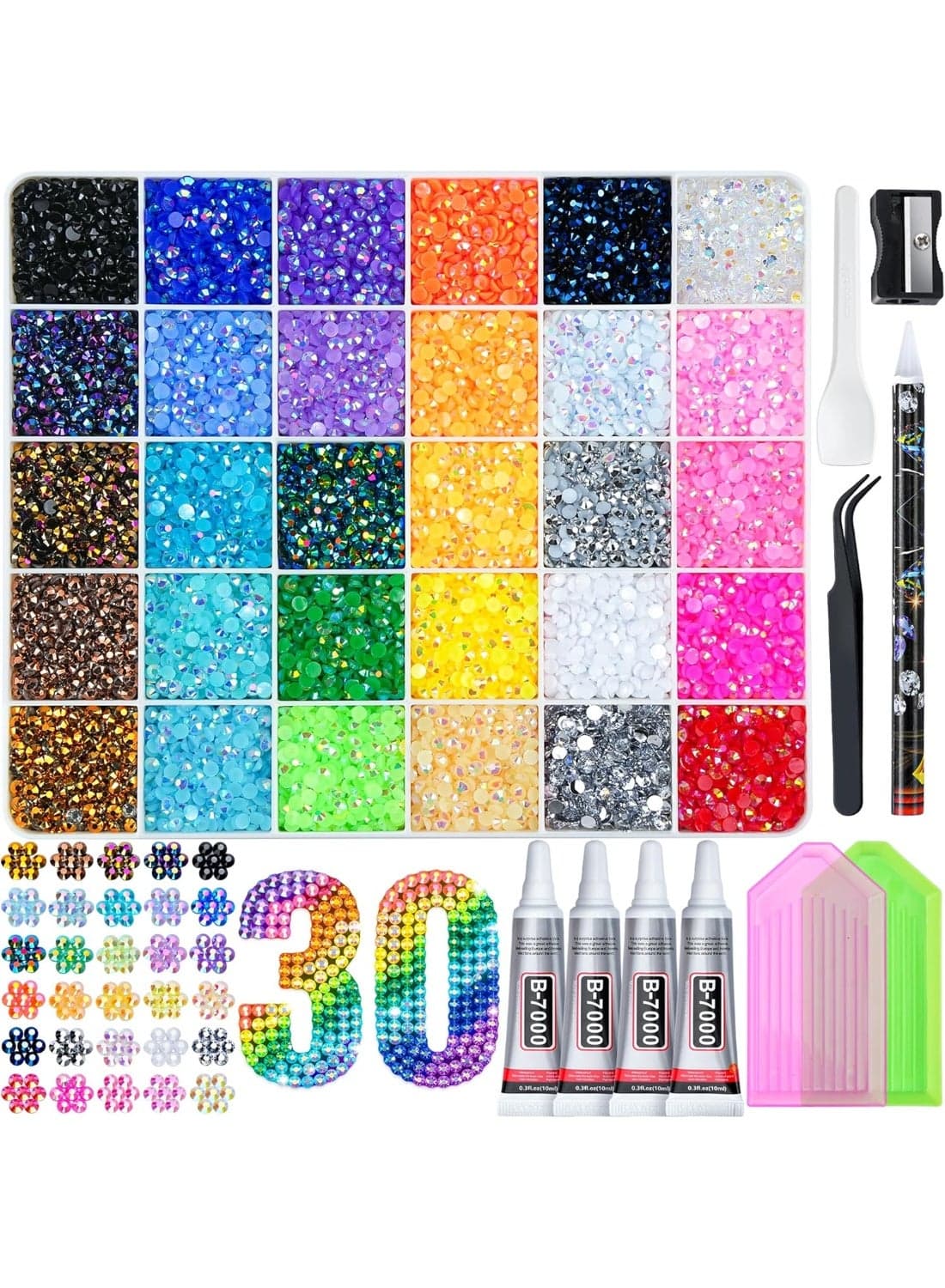40000 Pcs Resin Jelly Rhinestones Kit, 30 Colors 3mm Flatback Rhinestones with 4 Pcs B7000 Jewelry Glue & Tools, All-in-One Bedazzling Kit for DIY Arts & Crafts Gifts