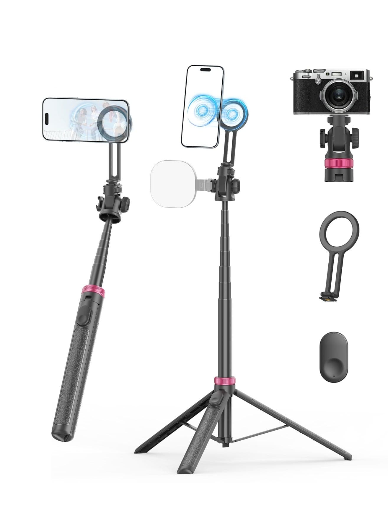 175cm Magnetic Phone Tripod Stand for iPhone and Android, 360° Multi-angle Rotation, with Side Cold Shoe Slot & 1/4" Thread, Rechargeable Remote Control, Multifunctional Tripod for Smartphone/Fill Light/Camera/Microphone