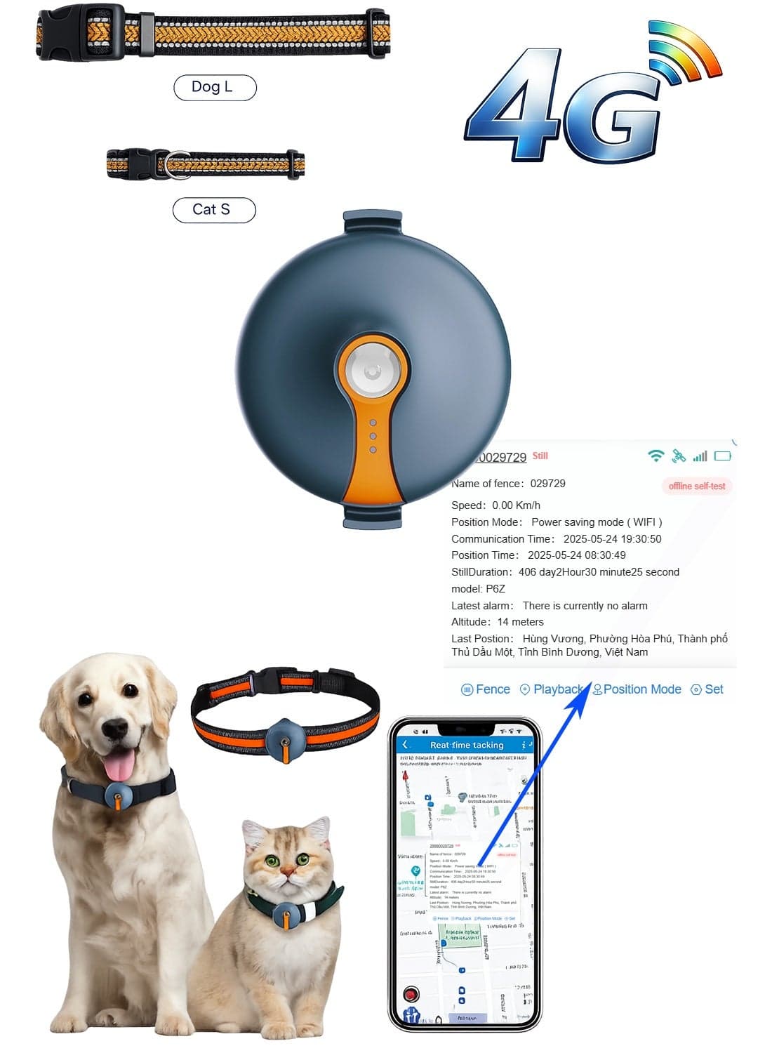 4G GPS Pet Tracker for Dogs & Cats, Real Time GPS WiFi LBS Location Tracker, Waterproof Magnetic Charging, Geo Fence, History Playback, Buzzer & Flash Light, CAT1 Pet GPS Collar Locator