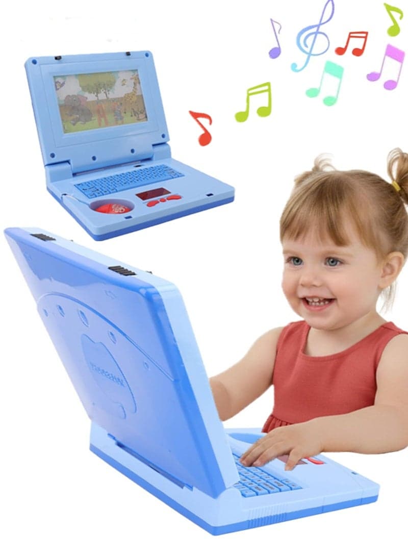 Kids Learning Laptop, Plastic High Simulation Educational Toddler Learning Computer Toy with (Non Retractable Mouse) Electronic Toy,Educational Learning Computer Simulation Music Preschool Pretend Toys with Retractable Mouse for Early Learning, Blue