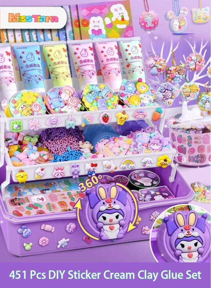 451 Pcs DIY Sticker Cream Clay Glue Set, Simulated DIY Making Art Craft Kit with Cartoon Stickers, Accessories, Key Chains with Storage Box for Gifting