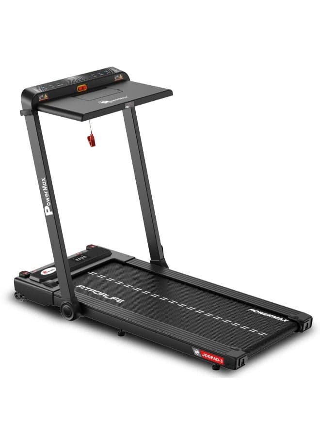 PowerMax Fitness Jogpad-3 (4Hp Peak) Motorized 2 In 1 Built in Desk Treadmill For Home Workout | Walkingpad | Remote Control, Max User 110Kg, Top Speed 12 Kmph, Led Display, Bluetooth,Speaker,Ipad Holder