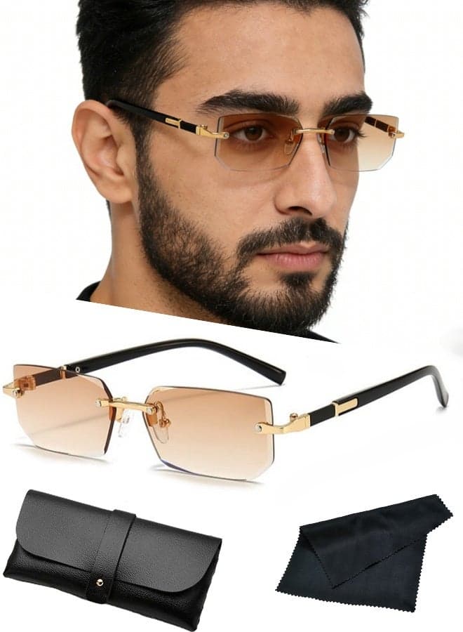 New Rimless Fashion Trend Sunglasses with Glasses Case and Cleaning Cloth UV Protection Unisex Style for Beach Trips Daily Commutes Outdoor Sports Travel Adventures Festive Gatherings Casual Outings,Gradual tea