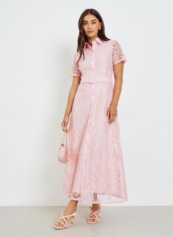 Pink Lace Belted Shirt Maxi Dress