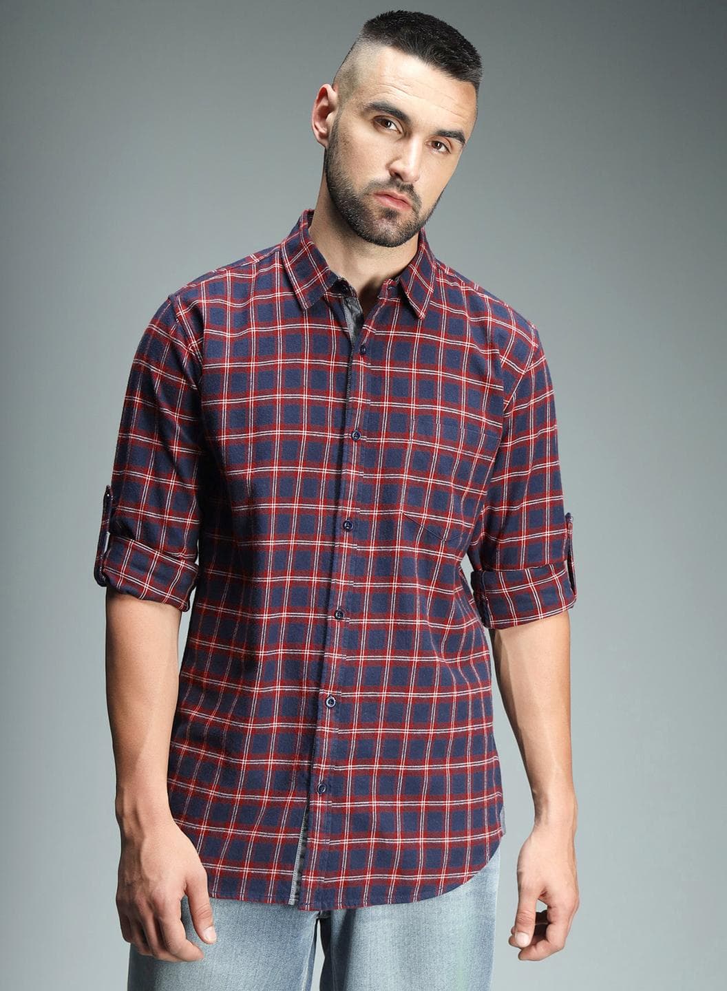Red Checked Shirt for Men with Spread Collar and Casual Curved Hem