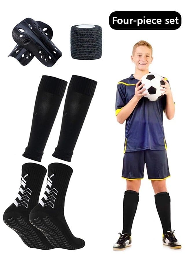 1 Pair Mens Grip Soccer Socks, 1 Pair Shin Sleeves with 1 Pack Shin Guards and 4 Shin Straps, Soccer Game Set 4 Pcs, Reduce Shocks and Injuries(Black)