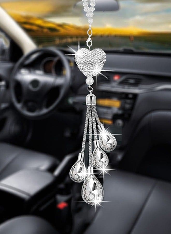 Bling Heart Diamond Crystal Car Charms, Rear View Mirror Decoration, Lucky Hanging Interior Ornament Pendant Gifts for Women (White)