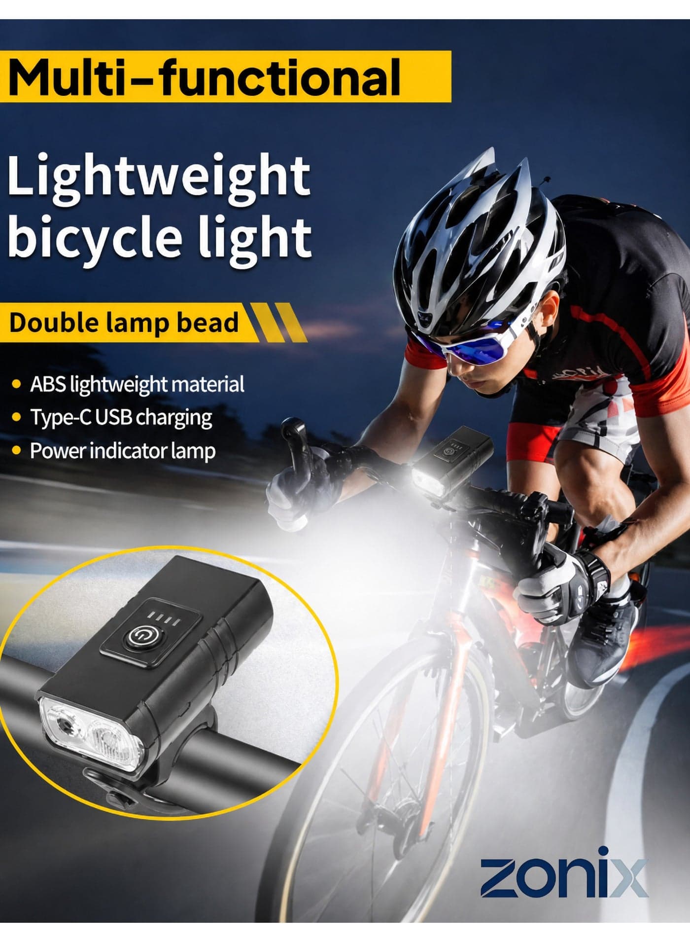 مصباح الدراجة - 6 أوضاع XPE LED مزدوج (مصباح كاشف + كشف) ، شحن سريع من النوع C ، مقاوم للماء IPX4 ، خفيف للغاية 58 جرام ، حامل ركوب الدراجات بدون أدوات ومصباح يدوي لركوب الدراجات والمشي لمسافات طويلة والتخييم وحالات الطوارئ