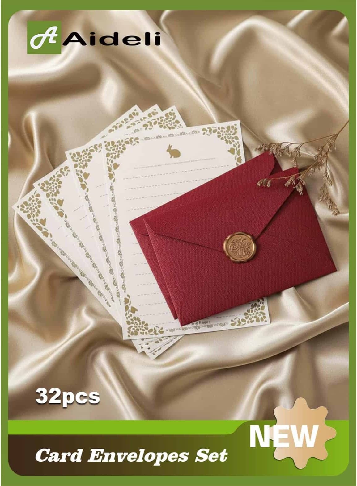 Greeting Card Envelopes 32PCS Vintage Letter Writing Set – 6 Envelopes + 20 Writing Papers + 6 Wax Seal Stickers for Letters, Invitations, Weddings, Gifts Artistic Craft (Wine Red)