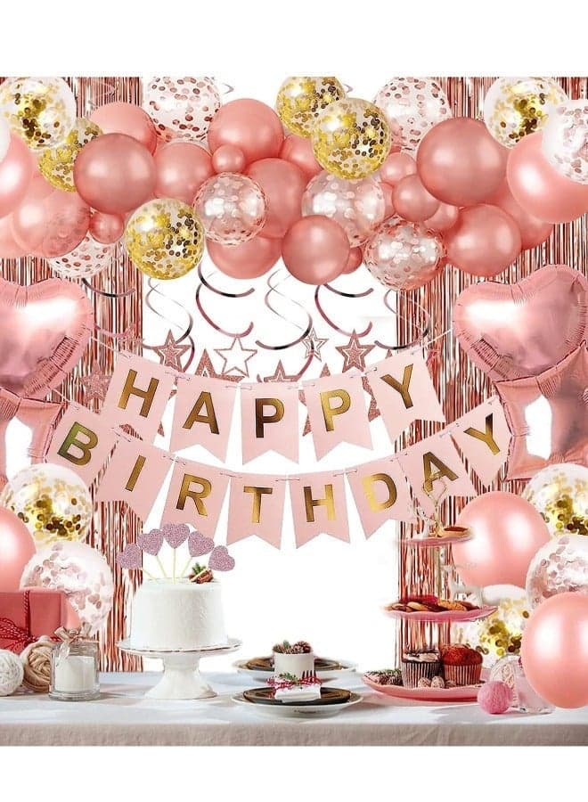 Rose Gold Birthday Party Decorations, 64Pcs Party Decorations Set with Happy Birthday Banner, 12-inch Confetti Balloons, 12-inch Metallic Rose Gold Balloons, Heart Star Shape Balloons, Fringe Curtain and Hanging Swirls, Ribbon, Glue Points and Cake Toppers for Women Girls Birthday Princess Party