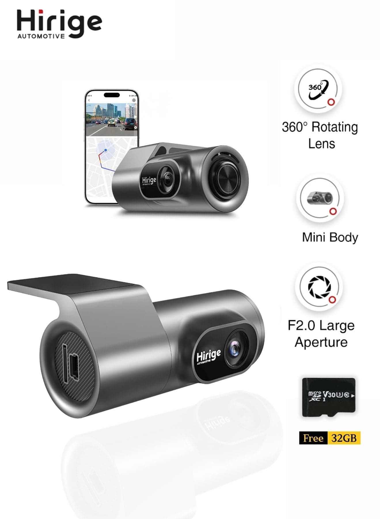 M2 Dash Cam 1296P Full HD Car Camera with 360° Rotating Lens, WiFi App, Night Vision, G-Sensor, Loop Recording, Parking Guard, 32GB Card