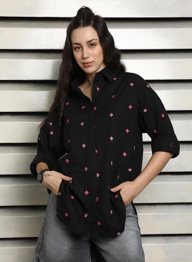 Women's Black 100% Cotton Embroidered Button Down Oversized Shirt