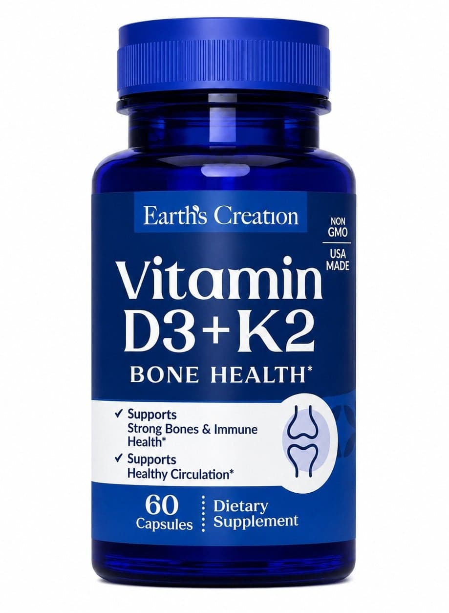 Vitamin D3 + K2 Supplement for Bone Health, Circulation & Immune Support, Non-GMO, Made in USA, 60 Capsules