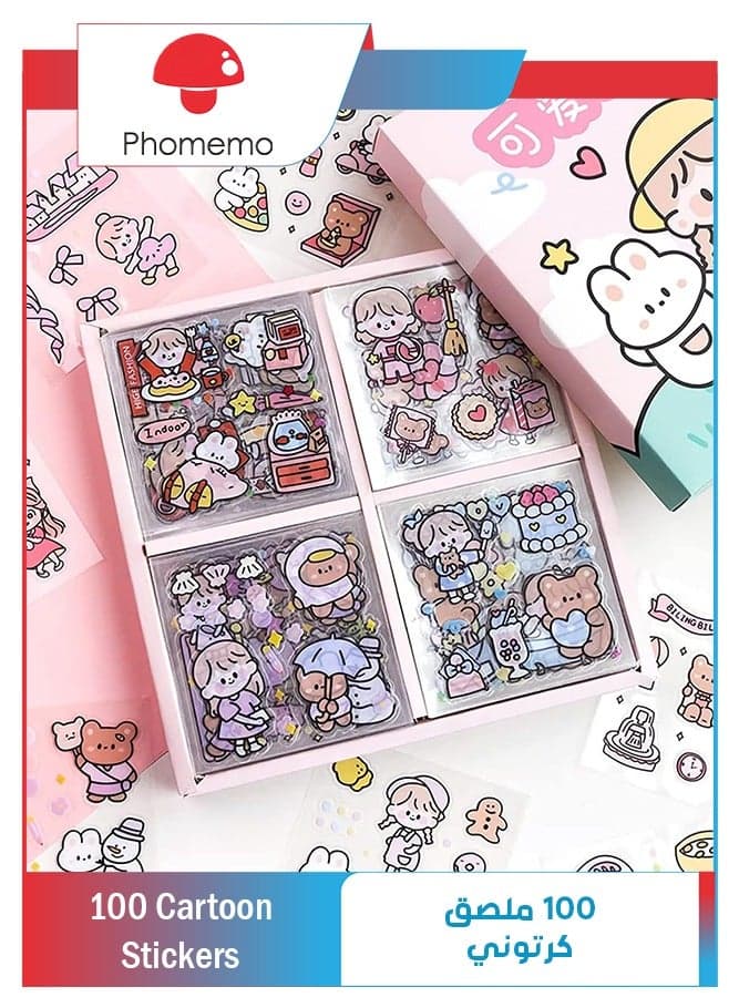 Stickers Set, 100 Sheets 600+ Small Pieces Cute PET Transparent Cartoon Character Animal Flower Decorative Scrapbook Sticker Decal for DIY Arts Crafts, Album, Planners, Calendars and Notebook