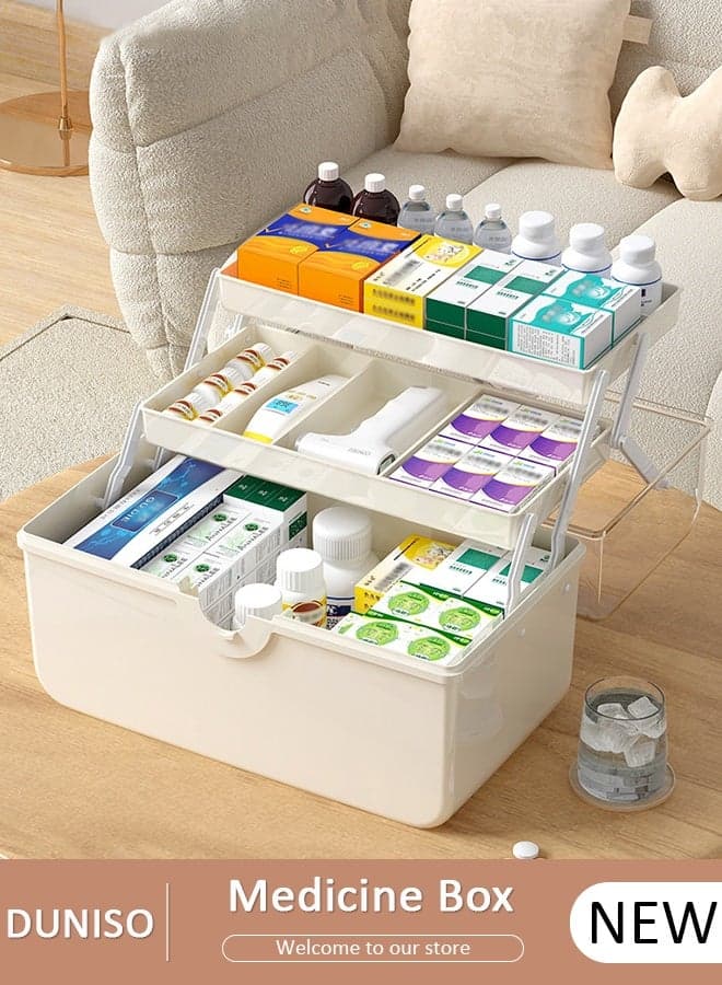 Medicine Box Plastic Medicine Storage Box Family Emergency Kit Medical Kit 3 Layers Home First Aid Box Child Proof Medicine Box Organizer Pill Case with Compartments and Handle