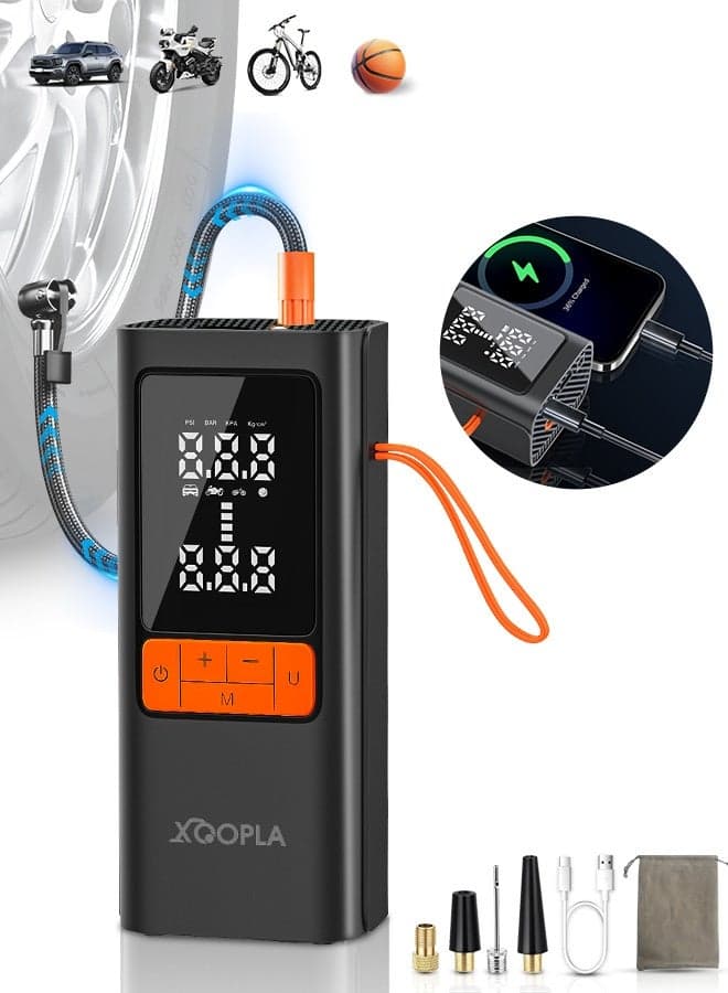 Digital Car Tire Inflator , Cordless Portable Air Compressor , Electric Air Pump with 6000mAh/22.2Wh/11.1V Battery Power Bank and Auto Stop Fuction, SOS Emergency LED Light/LCD Screen/4 Nozzle,Cycle Tyre Inflator for Car,Motorcycle,Bicycle,Ball