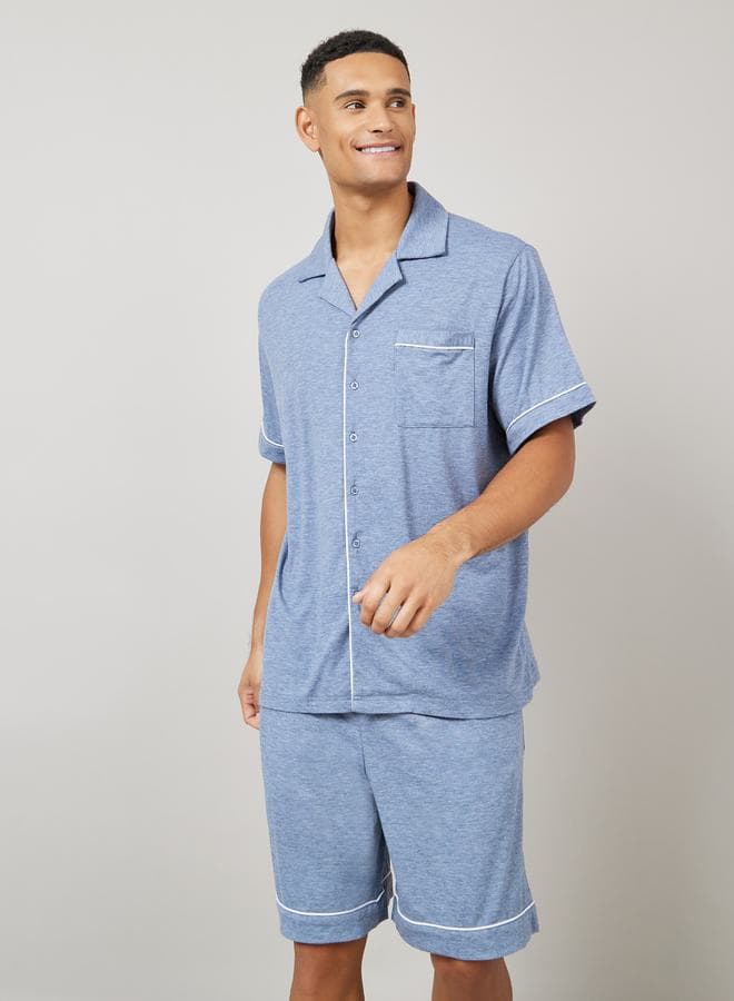 Knitted Resort Collar Shirt And Short Set With Piping Detail