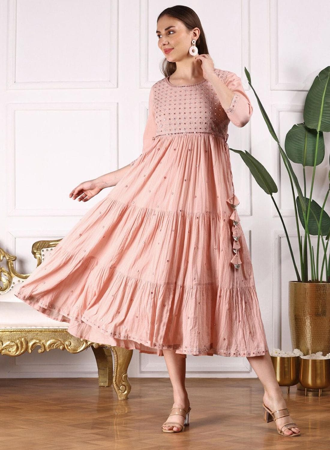 Women'S Peach 100% Cotton Self Design Knee Length A-Line Dress