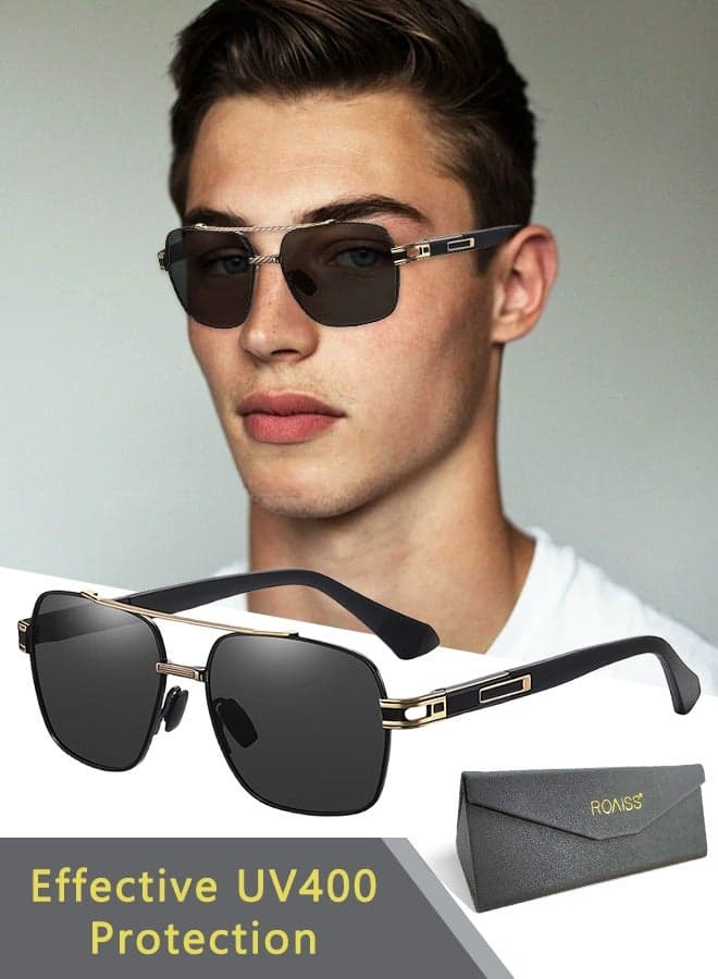 Men's Aviator Polarized Sunglasses, UV400 Protection Sun Glasses with Metal Frame, Fashion Anti-Glare Sun Shades for Men Driving, Fishing, Traveling, Black Gold, 57mm