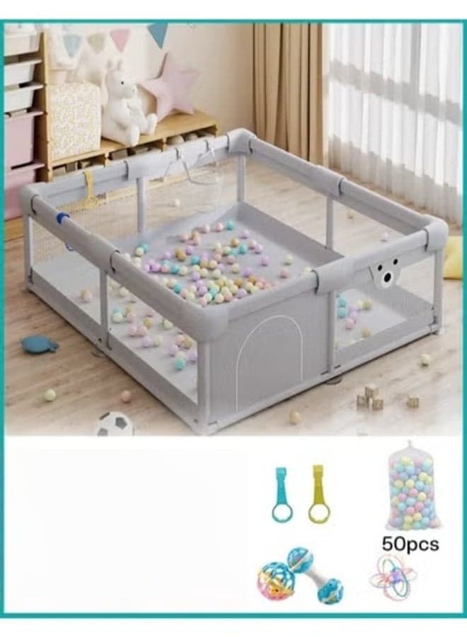 Baby Playpen Fence With Playmat, Infant Indoor And Outdoor Kids Activity Center With 50 Pieces Ocean Balls, 3 Toys, 120x150 cm